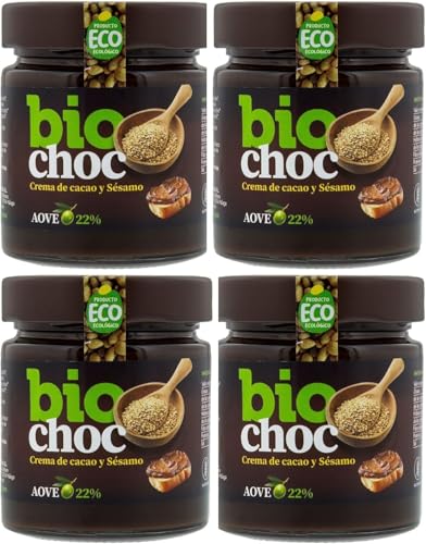 Biochoc - Sésamo – Crema de cacao con Aceite de Oliva Virgen Extra - 100% Ecológica - Sin gluten, Sin leche, Sin huevo 200 g. (Pack 4)