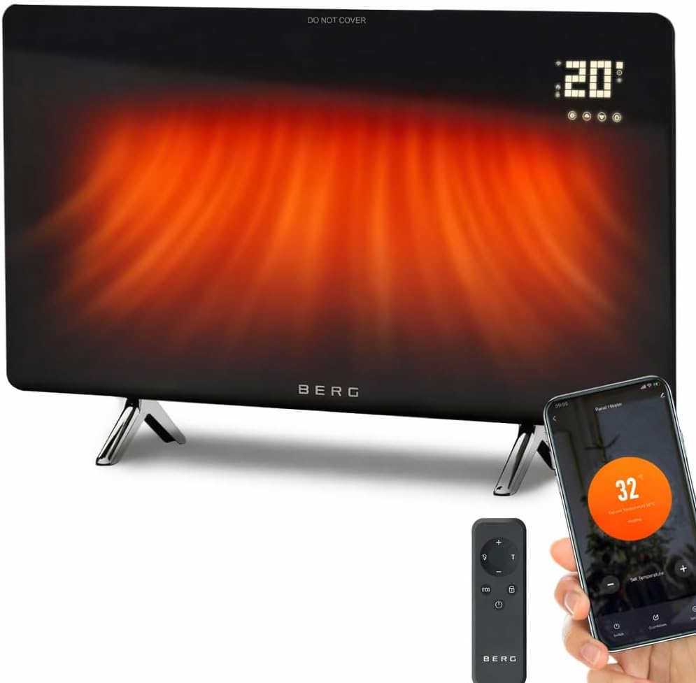 BERG Ultra-Slim Glass Infrared Panel Heater – Smart Electric Heater with Wi-Fi & Remote Control, 12mm Frameless Design, Wall Mounted or Free-Standing, Energy Efficient Room Heating (Black, 720W)