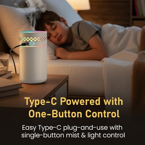 Image of Portronics Magma Lite Type-C Powered Humidifier with RGB Light, 260ml Water Tank, 35ml /h Mist Output, Continuous & Intermittent Modes, One-Button Control, for Home, Car & Bedside (Water Use Only)