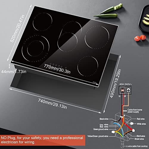 Hobsir 30 Inch Electric Cooktop 5 Burners Ceramic Cooktop, 8400W Drop-in Electric Radiant Cooktop with Glass Protection Metal Frame, Timer & Kid Safety Lock, 220-240V, Hard Wire (No Plug)