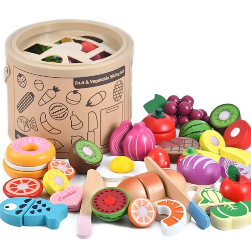 Image of WHOHOLL 43 Pcs Wooden Play Food for Kids Play Kitchen Accessories Playset with Basket, Pretend Cutting Food Toys for 3 4 5 6 Year Old, Vegetables Fruits Toys Christmas Birthday Gifts for Girls Boys