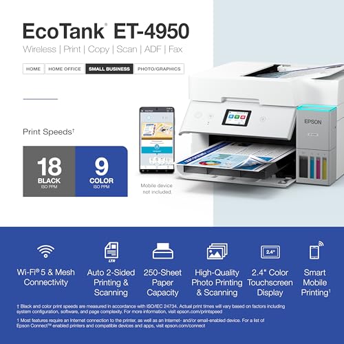 epson ecotank et-4950 wireless all-in-one color supertank printer with up to 3 years of ink refillable tanks perfect for office 18 ppm 2434 color touchscreen auto document feeder  white