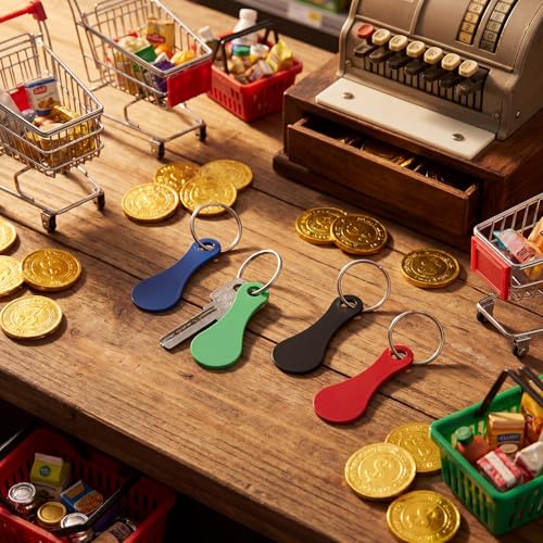 Image of Shimeyao 4 Pcs Portable Aluminum Alloy Keyring Shopping Cart Trolley Tokens Quarter Keychains Gift for Men Women Valentines