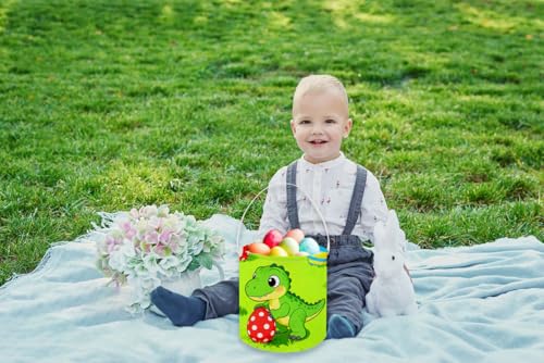 Image of Dinosaur Baskets, Kids Easter Dinosaurs Storage Bins.Easter Basket Empty with Handles.Dinosaurs Eggs Decor,Books, (Green Dinosaur)