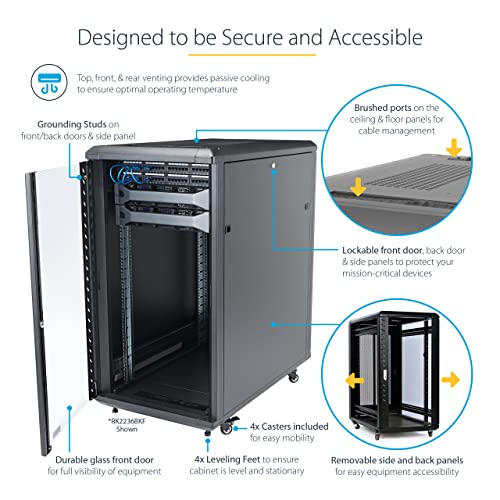 Image of StarTech 18U Enterprise-Grade Server Rack Cabinet, 19in Enclosed 4-Post Rack with 33in (83cm) Mounting Depth and 1764lb (800kg) Weight Capacity | 19in enclosed enterprise steel rack, Adjustable depth 5.7in-33in, Lockable vented doors, Casters & feet