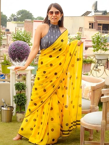 Image of Sidhidata Women's Polka Dot Printed Linen Cotton Saree With Unstitched Blouse Piece (Laddu Free Size)