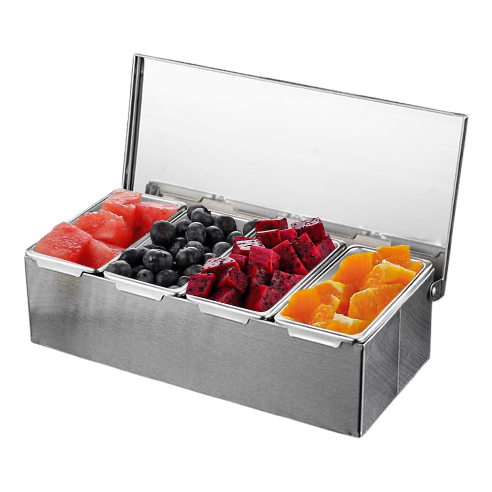 Glomora Chilled Condiment Server, Spice Container with Lids and Spoons, 4 Compartment Trays Large Capacity Storage Seasoning Case for Kitchen for Home Work Restaurant