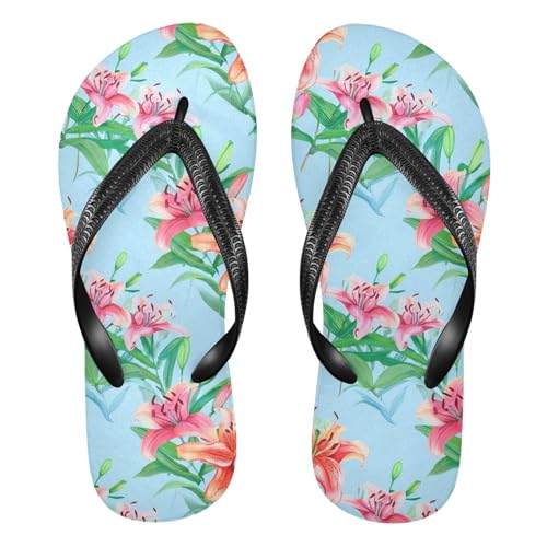 Sinestour Floral Blossom Blue Flip Flops for Beach Thong Sandals Anti-slip Lightweight Flat Slippers for House Indoor Outdoor