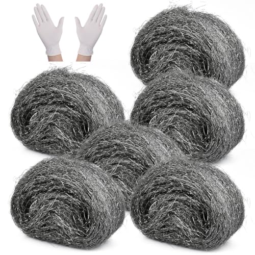 OctBird 6PCS Steel Wool Mice,One Gloves,15 Meter 0000 Steel Wool Rat Blocker, Mice Blocker Can be Used to Deter Rodent Pests and as a Cleaning Tool Wire Wool for Cleaning Removing Paint,Varnish,Rust