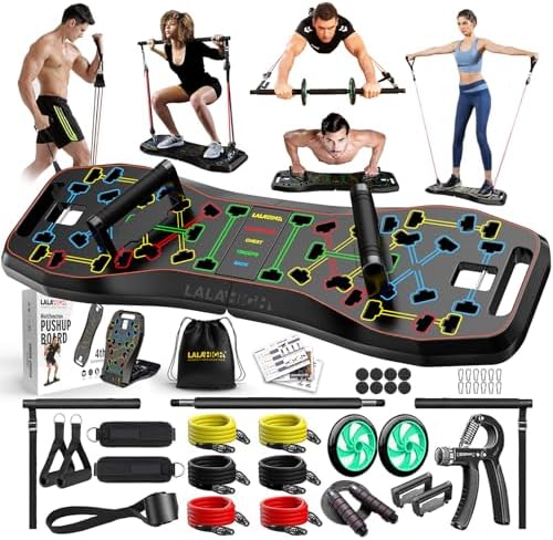LALAHIGH Portable Home Gym System: Large Compact Push Up Board, Pilates Bar & 20 Fitness Accessories with Resistance Bands Ab