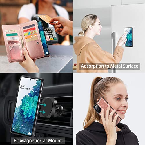 Varikke Samsung S20 Fe Case Wallet, Case For Samsung S20 Fe 5G With Card Holders & Magnetic Detachable Cover & Kickstand & Lanyard Strap Glitter Pu Leather Folio Flip Case For Galaxy S20 Fe, Rose Gold #TOP3