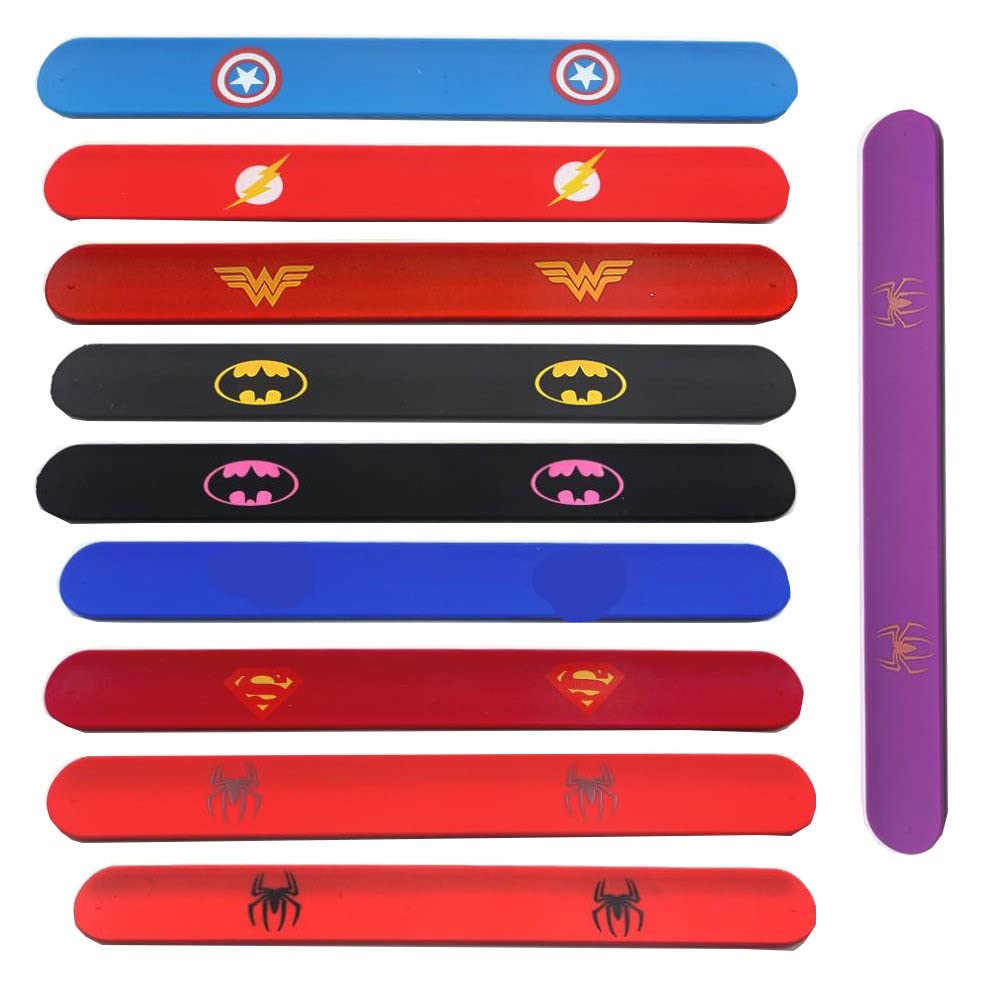 AukCherie 10 Piezas Pulseras Slap de Superhéroe, Bandas De Bofetadas Muñequeras De Silicona Bolsas De Fiesta Bolsas De Bofetadas Set para Niños Niños Y Niñas Favores La Fiesta Cumpleaños