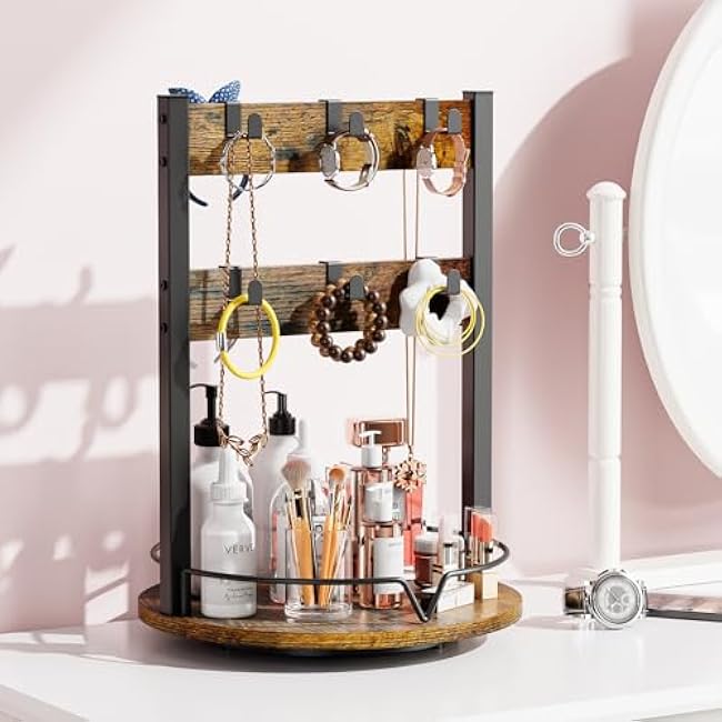 KLM Wood Coffee Mug Holder,12 Hook Mug Tree Holder Rack with Storage Base,Mug Display Organizer,Mug Holders for Home Kitchen,Support 360¡ã rotation for easy access