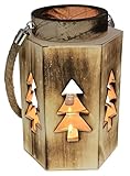 Bambelaa! Weihnachtliche Motivlaterne Vintage mit Seilgriff aus Holz Glaseinsatz Deko Windlicht Innen und Außen für Haus Garten rustikale Holzlaterne Kerzenhalter ca. 14 x 16 x 23 cm Tannenbaummuster