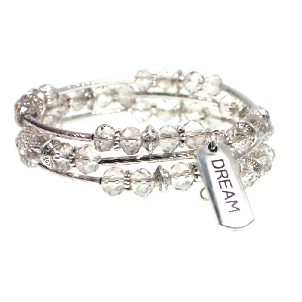 DREAM Message Charm 3x Wrap Silver-tone Faceted Bead Inspirational Bangle Bracelet
