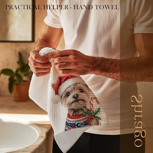 Image of Christmas Funny Yorkshire Terrier Kitchen Towels, Yorkie Gifts for Women Men Dish Tea Towels, Funny Candy Cane Yorkie Decorative Hand Towel for Bathroom Decor, 16x24 Inch