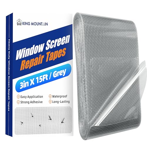 KING MOUNTAIN Grey Window Screen Repair Tape,3inX15FT Heavy Duty Screen Repair Kit for Window Screen and Screen Door Tears Holes,Strong Adhesive &amp; Waterproof Window Screen Patch, Weather Resistant