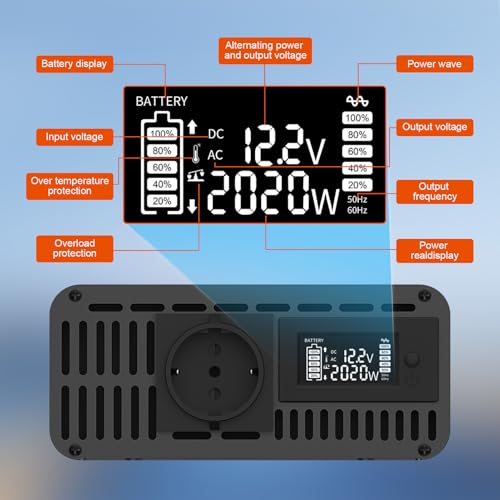 Convertisseur Pur Sinus 2000W Écran LCD pour Batterie 12V