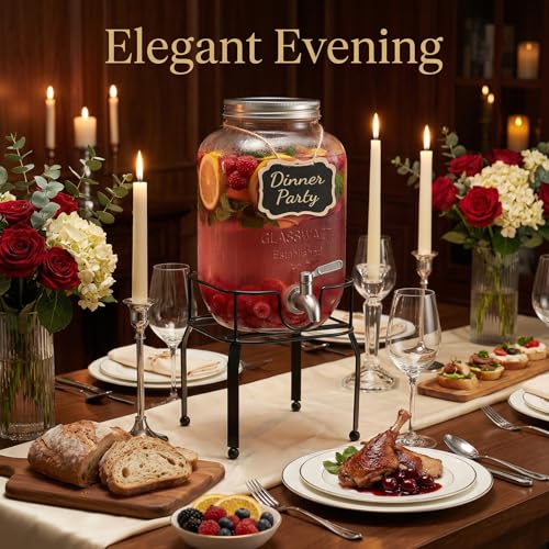 Image of 1 Gallon Glass Drink Dispensers For Parties,Beverage Dispenser with Stand,304 Stainless Steel Spigot Leakproof,Lemonade Dispenser for Sun Tea, Homemade Juice