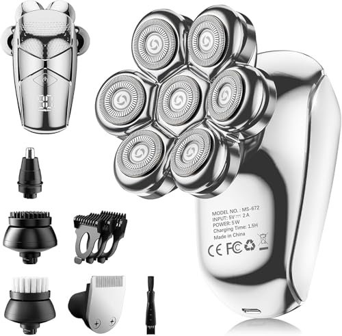 Image of Detachable Head Shavers, SHPAVVER 5 in 1 Electric Razor IPX7 Waterproof for Bald Men, Wet Dry LED Display Rechargeable 7D Rotary Shaver Grooming Kit with Type C Charge A，Bright Silver