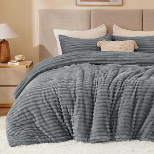 Image of BEDELITE Fleece Full Comforter Set -Super Soft & Warm Grey Bedding, Luxury Fuzzy Heavy Bed Set for All Season with 2 Pillow Cases