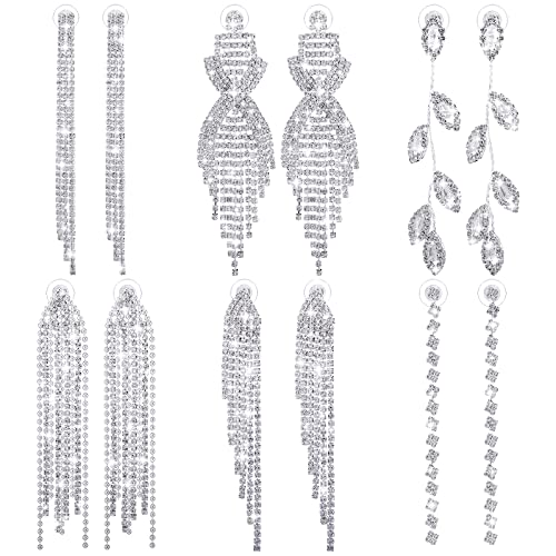 Sureio 6 Pairs Long Rhinestone Earrings for Women Silver Chandelier Dangle Tassels Drop Earring for Brides Bridesmaids Wedding Bridal Prom Jewelry Gift