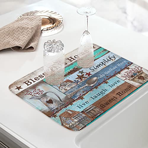 Lifemusion Farmhouse Teal Brown Wood Dish Drying Mat For Kitchen Counter thumb #4