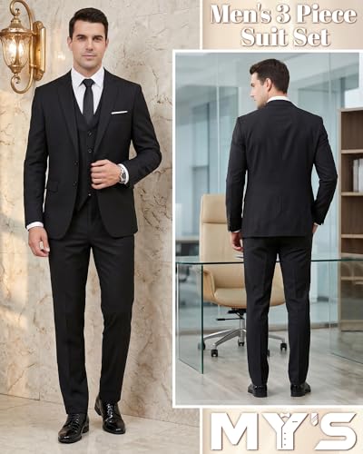 Image of MY'S Men's 3 Piece Slim Fit Suit Set with Tie, 2 Button Blazer Jacket Vest & Pants, Business Wedding Party Prom Suit for Men
