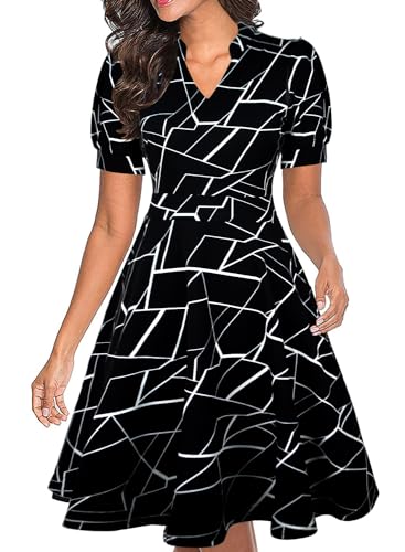 Image of Mokayee Womens Summer Short Puff Sleeve Casual Semi-Formal Fit and Flare Church Wedding Guest Work Dresses with Pockets