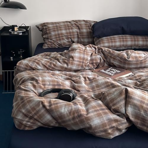 Image of EAVD Vintage Plaid Duvet Cover Full Soft 100% Washed Cotton Bedding Set Retro Brown&Blue Grid Checkered Bedding Set with 2 Pillowcases Farmhouse Neutral Plaid Gingham Comforter Cover with Zipper