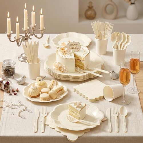 Vyntra Ivory Paper Plates, Cups & Napkins, 175 Pcs Scalloped Party Set by Vyntra - Used condition - Image 7
