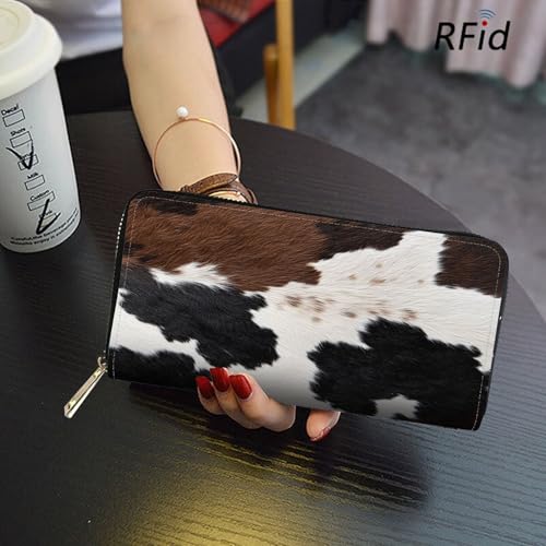 Image of RFID Blocking Leather Wallet for Women - Large Capacity Zip Around Clutch with 8 Card Slots,26 Cash Pockets & Coin Zipper,Black Brown Cowhide Fur Pattern