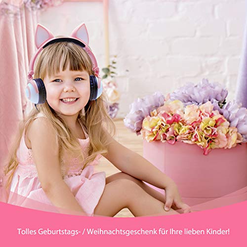 ONTA Cuffie Per Bambini con Gattino LED Luminoso, Pieghevoli, Cancellazione del Rumore e Cuffie Per Bambino Regolabili per Bambini e Bambine (Rosa)