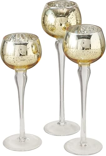 Baby Gold - Portavelas de tallo largo, juego de 3, tazas redondas, elevador transparente, vidrio lacado a mano, 8.75, 7.75 y 7 pulgadas de alto