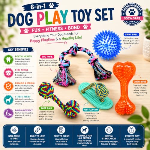 Image of Dog Rope Toy Set for Aggressive Chewers, Interactive Puppy Chew Toys, Cotton Rope Tug Toy, Rubber Spiky Ball, TPR Bone, Rope Ball, Rope Ring Toy for Small Medium Large Dogs