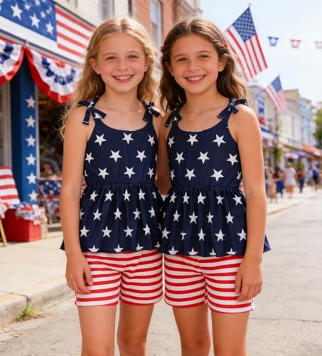 Image of Toddler Girls Clothes Summer Short Set Outfit Tie Knot Shoulder Sleeveless Ruffle Tops and Shorts 2PC Clothing Set