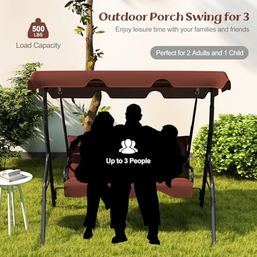 Image of Tangkula 3 Person Porch Swing, Patio Swing with Removable Cushion & Powder-Coated Steel Frame, Outdoor Swing with Canopy for Porch, Backyard, Garden, Balcony (Coffee)