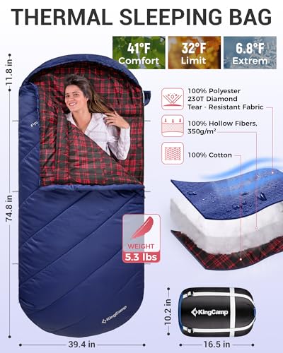 Image of KingCamp Sleeping Bag for Adults, Cold Weather & Warm Extra Wide Big & Tall XL Portable Waterproof Flannel Sleeping Bags, Essentials Gear Accessories for Camping Backpacking Hiking Indoor & Outdoor