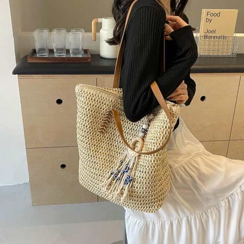 Bolso de playa de paja tejido grande para mujer miniatura 2