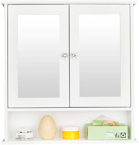 Kcelarec Gabinetes de medicina de baño con espejo de 2 puertas, 3 estantes abiertos, armario de baño montado en la pared, gabinete de almacenamiento