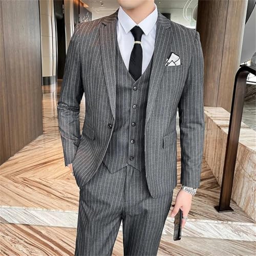 Adhdyuud Men's (Jacket+Vest+Pants) Striped Suit Slim Tuxedo Jacket Pants Formal Groom Wedding Dress Suit2