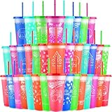 36 Vasos Navideños Reutilizables de Plástico 710 ml con Tapa y Popote Vasos para Posadas que Cambian Color con Agua...