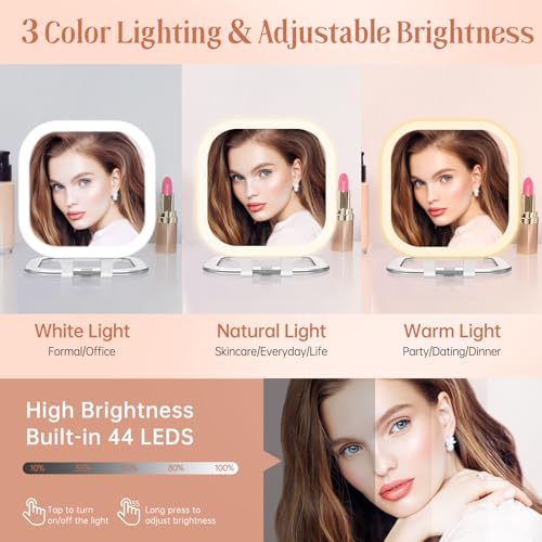 FASCINATE Compact Travel Makeup Mirror with Lights and Magnification, 3.5 inch Portable 1X/30X Magnifying Mirror with 3 Color Light, Folding, Handheld (White) — view 4