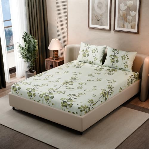 Image of BLISSHOME SoftTouch 140TC Cotton King Size Fitted Bedsheet with 2 Pillow Covers, Silky Smooth Bedding Set, Breathable, Easy Maintain, Floral Print - Green (182cm x 198cm x 25cm Drop)