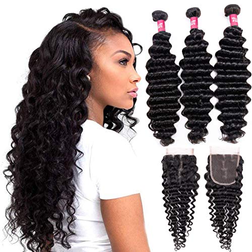 Brazilian Human Hair Deep Wave 3 Bundles With Closure (14 16 18 + 12 Free Part) 9A 100% Unprocessed Brazilian Virgin Human Hair Deep Curly Hair Weave Bundles With 4×4 Lace Closure Natural Color