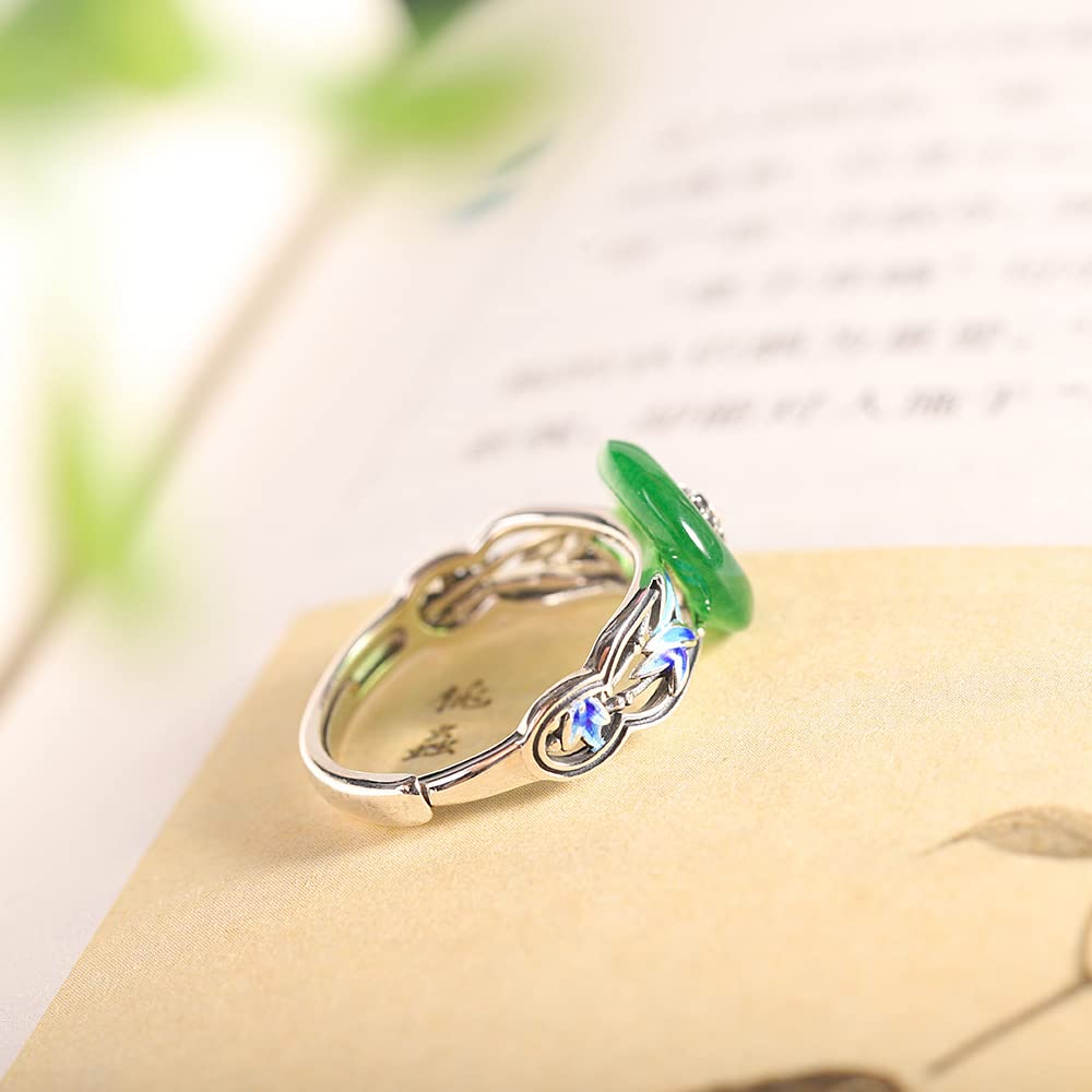 S925 Sterling Silber Green Jade Circle Ring Asian Style Rundes Glück Amulett Ring Charmanter Glück Schmuck für Frauen Mädchen