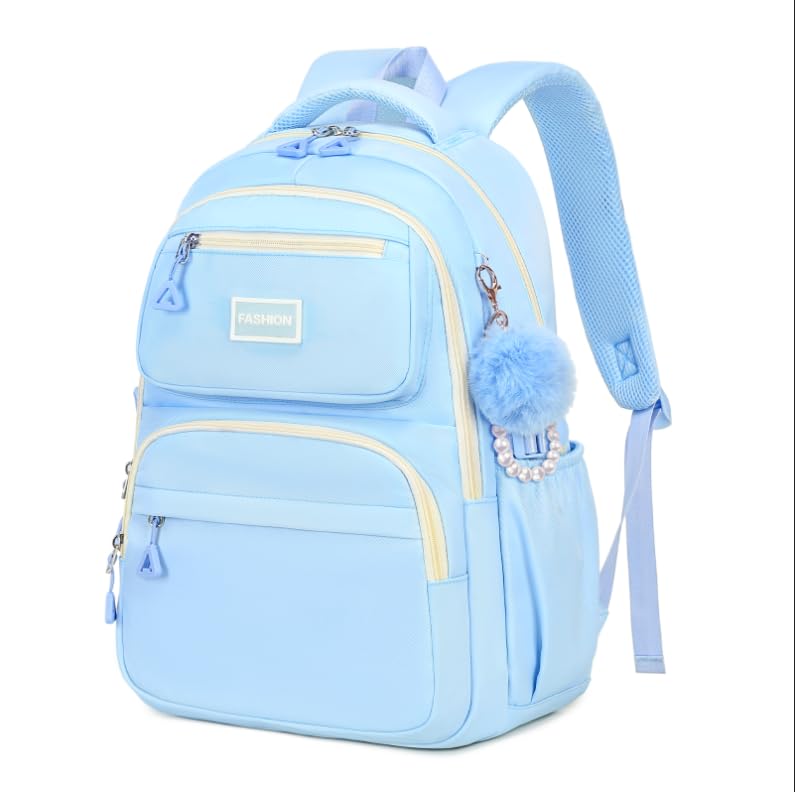 MOONBABY Girls Backpack Ages 6-12 Cute Color Matching School Bookbag for Elementary Middle School (with Pom Pom Keychain)