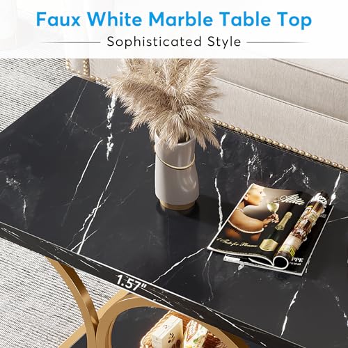 Tribesigns Rectangle Coffee Table, 47.24-inch Modern Coffee Tables for Living Room, 2-Tier Faux Marble Wood Coffee Table with Geometric Metal Legs, Furniture with Storage Shelf (Black & Gold) - Image 5