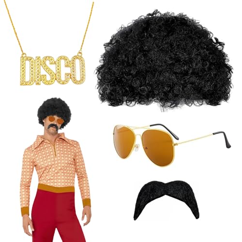 QSZHSL 4 Pcs Ensemble de Costume Hippie, Perruque Afro Deguisement Homme, Deguisement Annee 80, Costume Set pour...
