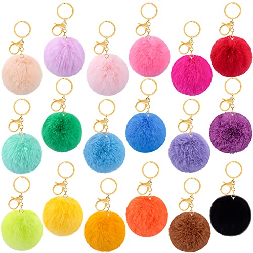BQTQ 18 Pieces Fluffy Pom Pom Keychains Rabbit Faux Fur Balls Keychain with Gold Keychain Hooks for Bag Accessories